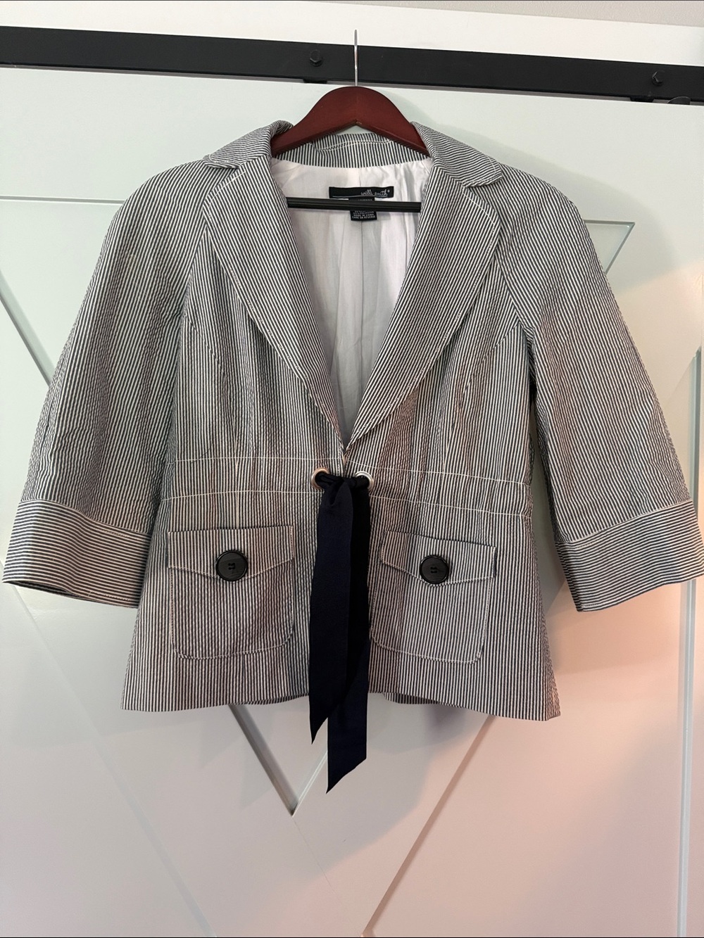 Willi Smith Navy and White Striped Tie-Front Blazer